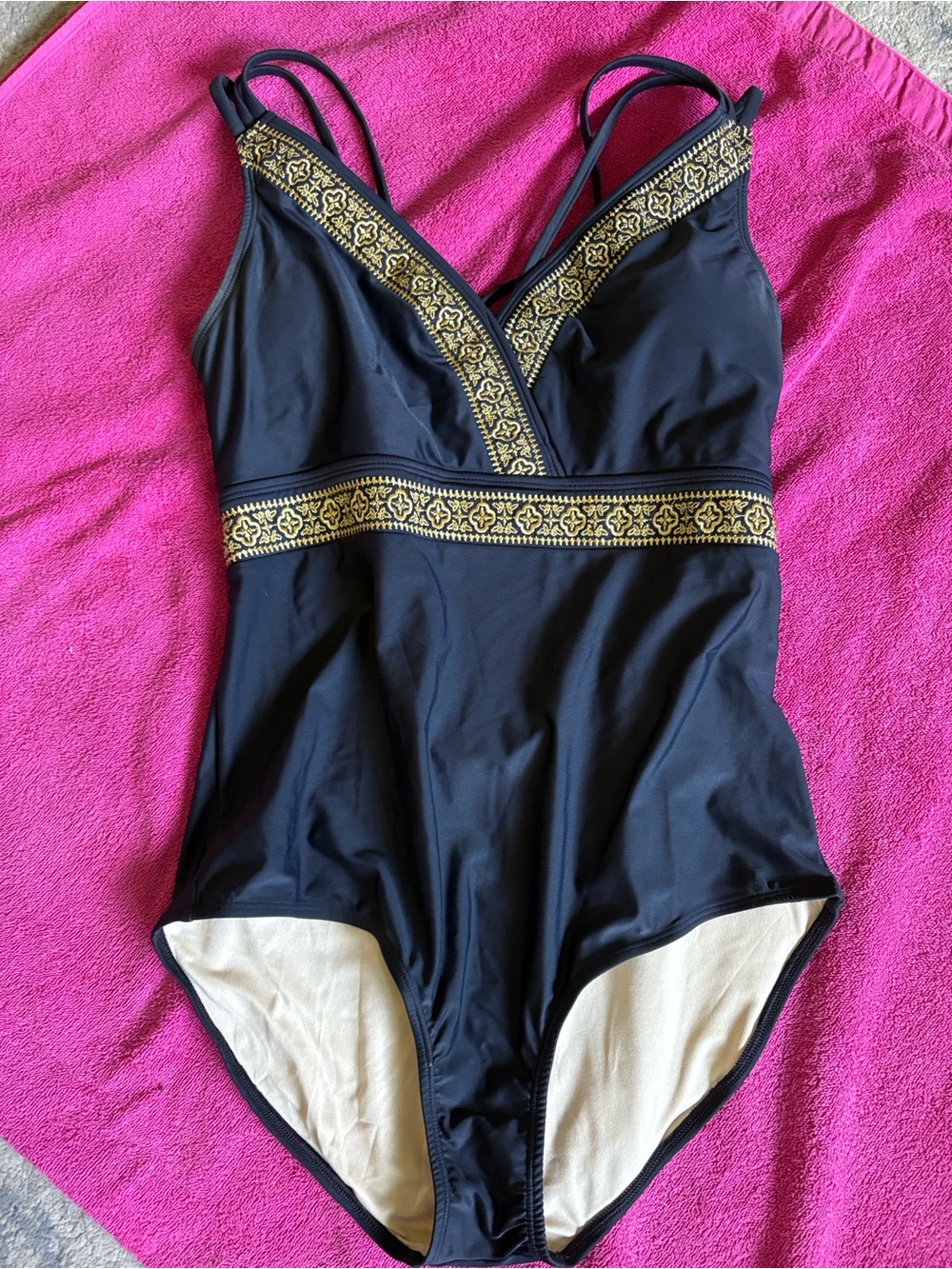 Cabana Life Navy One-Piece Swimsuit with Gold Trim